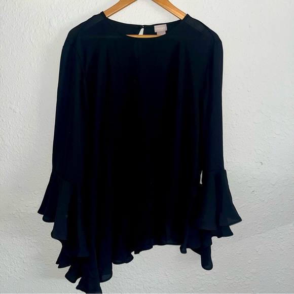 Chico's Tops - Chicos Sheer Asymmetrical Ruffle Hem Sleeves Black Blouse